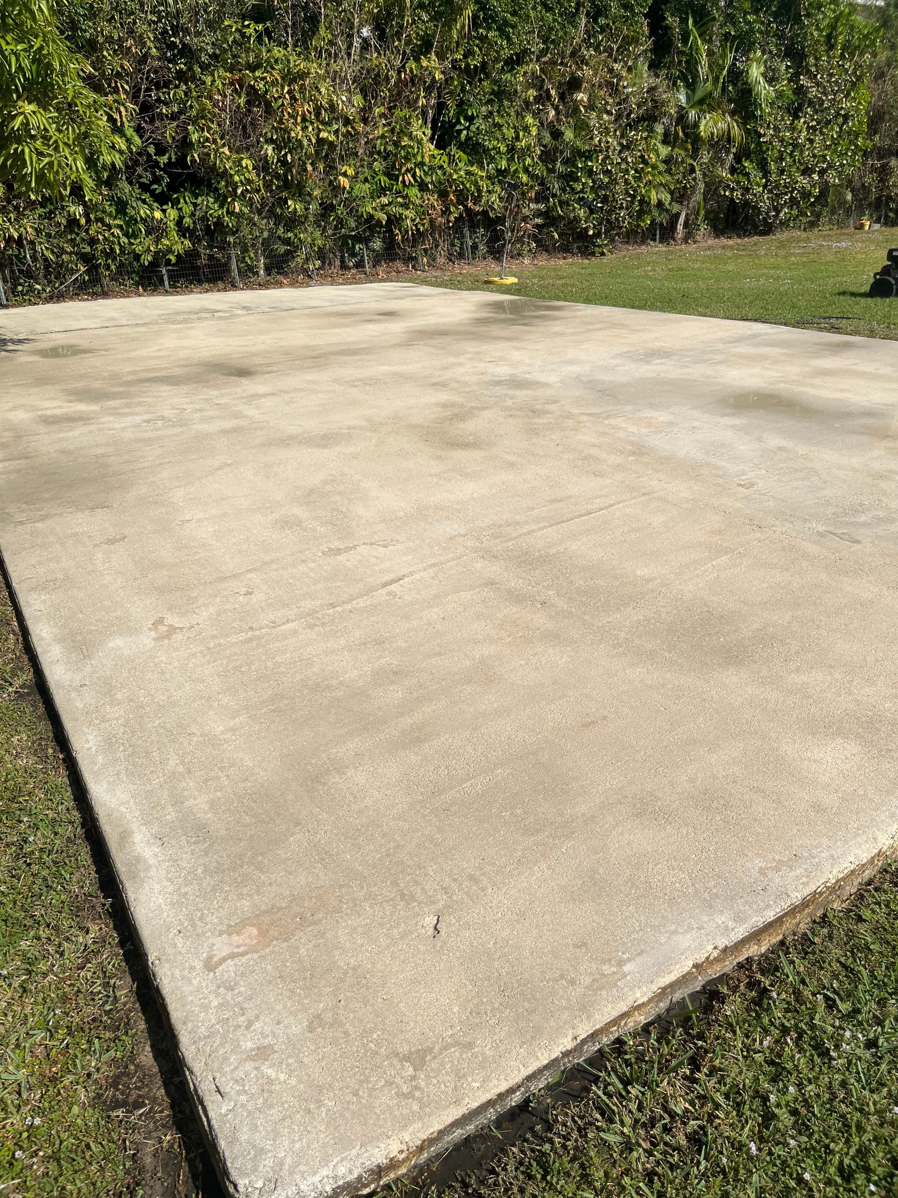 Concrete slab foundation surrounded by grass and greenery, ideal for construction or landscaping.