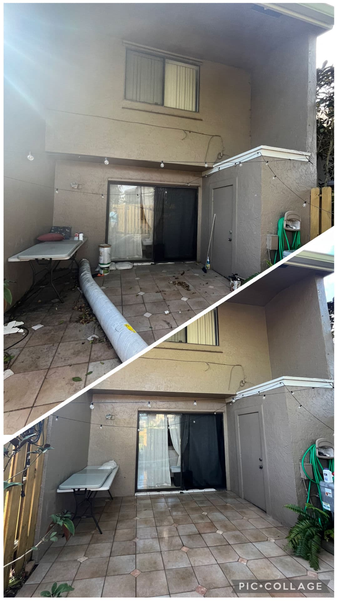 Before and after view of a patio renovation, showcasing clean tiles and improved aesthetics.